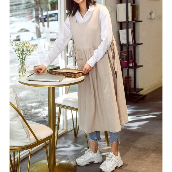 Women Plus Size Cotton Linen Vintage Pleated Split Apron Pinafore Dress with Two - Picture 4 of 9